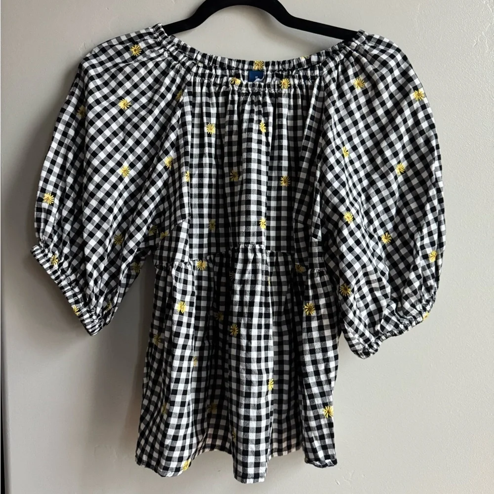 Old Navy Gingham Cottagecore Blouse Puff Sleeve Embroidered Floral Top M